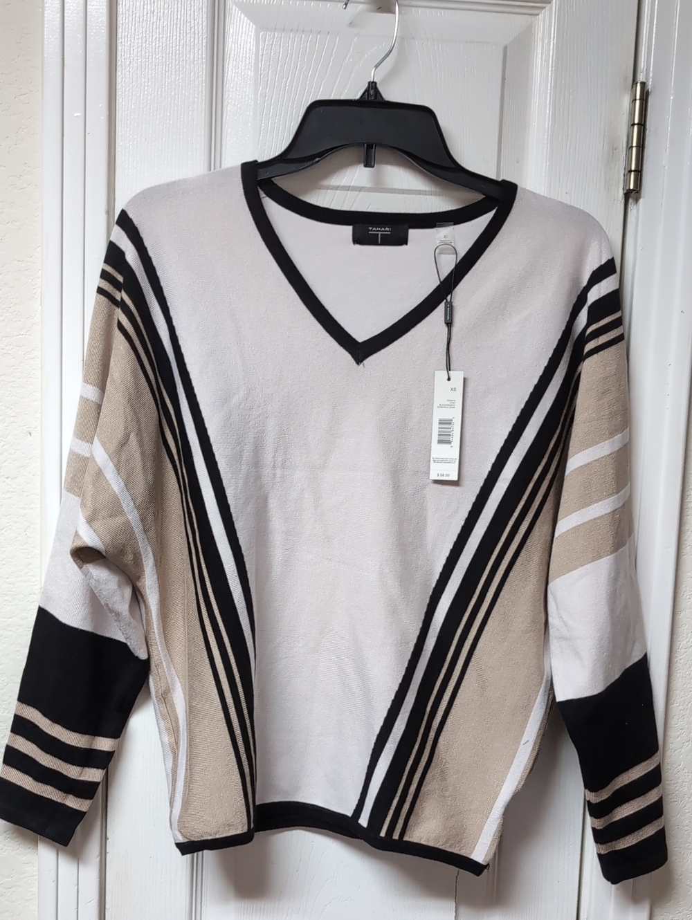 Tahari Beige, Black & White V-Neck Striped Sweater
